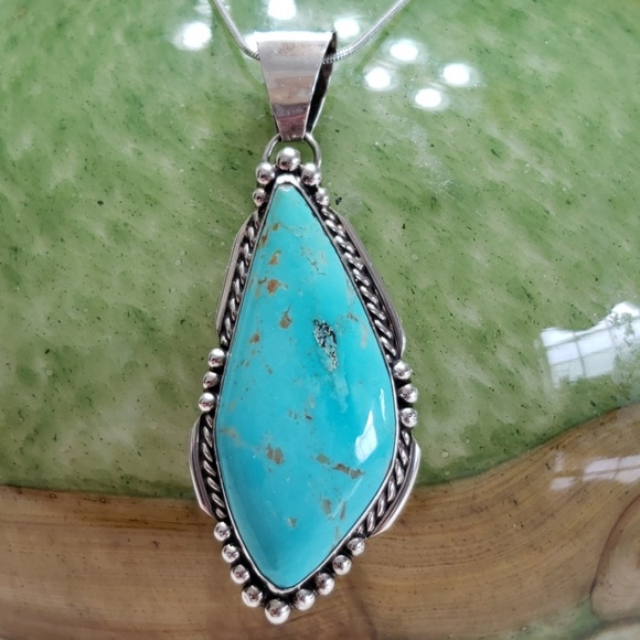 Rosalina Fransisco Jewelry - LARGE Navajo Fox Turquoise Pendant Sterling Silver